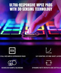 Close-up of MPC Live III Standalone Portable Music Production Center with 3D Sensing MPCe Pads and finger interaction.