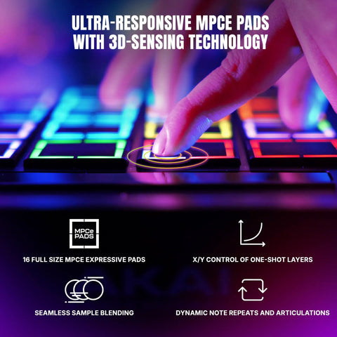 Close-up of MPC Live III Standalone Portable Music Production Center with 3D Sensing MPCe Pads and finger interaction.