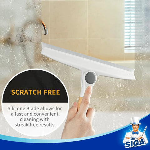 10 Inch Silicone Squeegee for Shower Doors, Mirrors, and Glass - Long Lasting Blade, Streak Free Shine, Easy Grip Bamboo Pivot Handle, White, Great for Tile Surfaces and Enclosures, shown on wet glass