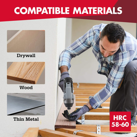 Man installing wood floor with screwdriver, compatible with drywall, wood, thin metal. Drywall Screws Assortment Kit HRC 58-60 visible.