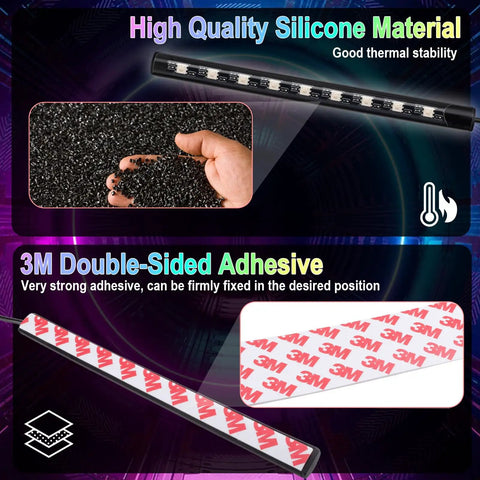 Car Interior LED Strip Lights With USB Power 5V Ambient Mood Lighting And App Control Remote Music Sync Color Changing Beads for Truck and Car Decor Includes 36 LEDs displaying silicone material and 3M adhesive.