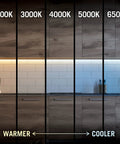 Lighting comparison showing RibbonFlex Pro 12V White LED Strip Lights 16.4 Ft, 60 LEDs Per Meter, 2700K Warm White under cabinets.