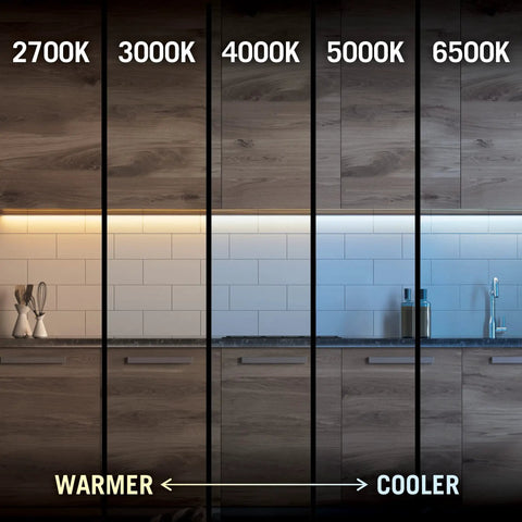 Comparison of 12V White LED Strip Lights, 60 LEDs Per Meter, 4000K, under kitchen cabinet with warmer to cooler temperature settings.