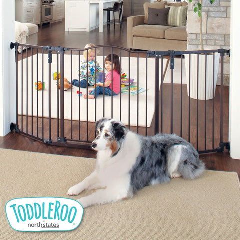 Deluxe Decor Safety Gate Hardware Mounted Extra Wide Metal Baby Gate With Swing Door Adjustable From 38.3 To 72 Inches Sturdy 30 Inch Tall Matte Bronze Finish For Easy Pass Through In Busy Homes