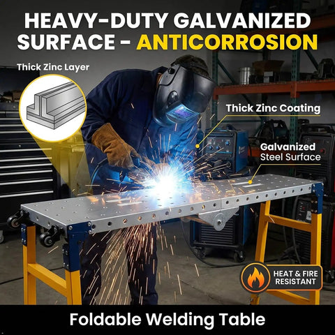 Heavy Duty Foldable Work Platform And Rolling Welding Station With Rock Solid 1200 Pound Capacity Adjusts 29 To 48 Inches High Perfect Garage Workhorse For Paint Jobs And Hella No Sweat Diy Setup. Worker welding on galvanized surface.