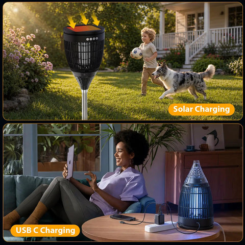 Solar Mosquito Zapper Outdoor With Flame Lamp And Projector Light 4200V Electric Bug Killer in daytime and USB charging mode