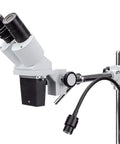 Pro Grade Binocular Stereo Microscope With Long Working Distance Boom Arm For Big Jobs Like Circuit Boards And Dental Appliances With Interchangeable WF10x And WF20x Eyepieces For Sharp Precise Inspection, white boom arm, LED light