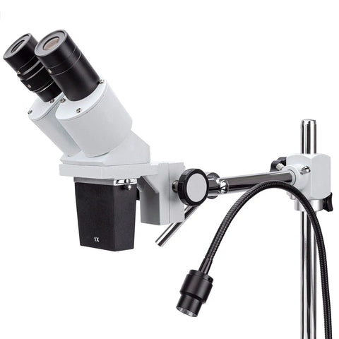 Pro Grade Binocular Stereo Microscope With Long Working Distance Boom Arm For Big Jobs Like Circuit Boards And Dental Appliances With Interchangeable WF10x And WF20x Eyepieces For Sharp Precise Inspection, white boom arm, LED light