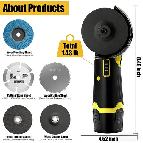 Cordless Mini Angle Grinder With 4000mAh Battery And 19500 RPM Beast Power next to various cutting sheets
