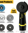 Powerful 19500 RPM Cordless Angle Grinder With 4000mAh Battery, showing various cutting and sanding sheets, 1.43 lb