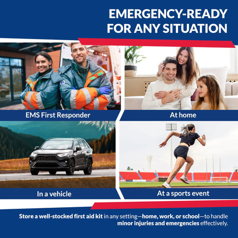 Fully Stocked Trauma First Aid Kit – First Responder II Bag collage: EMS responders, at-home family, car, sports.
