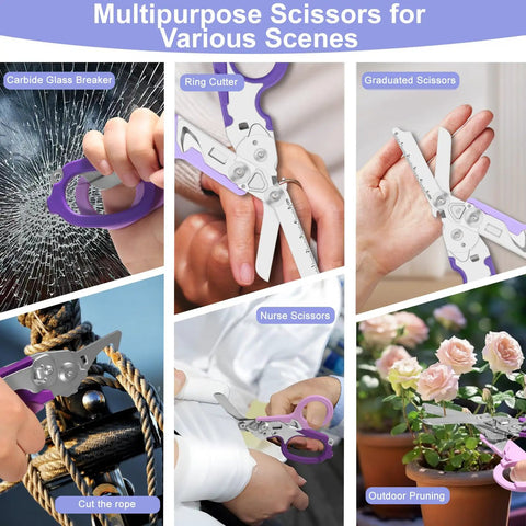 Six In One Heavy Duty Emergency Trauma Shears With Window Breaker And Multi Tool Scissors Oxygen Can Opener Knife Saw Scale, purple