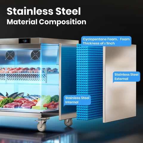 Commercial Undercounter Refrigerator 20.9 Cubic Foot Three Door Stainless Steel Worktop Cold Storage For Bars Restaurants Shops Heavy Duty Straight Shooter with internal stainless steel and cyclopentane foam.