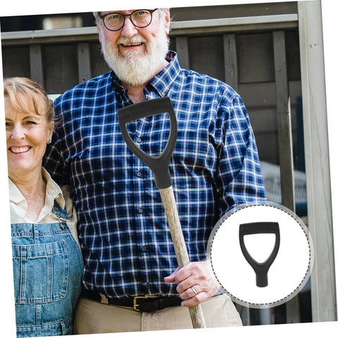 Man holding D Shaped Shovel Handle Replacement Ergonomic Plastic Grip for garden tools, featuring black inner, size 182mm x 120mm.