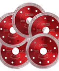 Front view of five red 4.5-inch diamond tile cutting blades with 7/8-inch bore for angle grinders