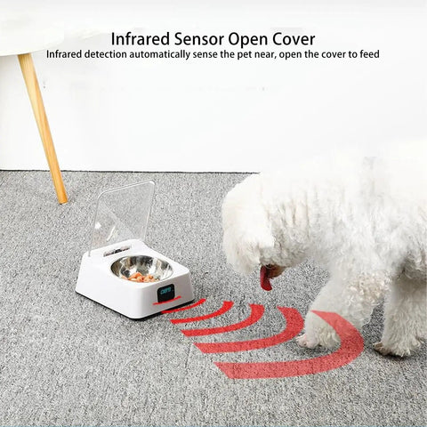 Slick Smart Automatic Pet Feeder With Induction Auto Opening Lid For Dogs And Cats, infrared sensor detecting pet.