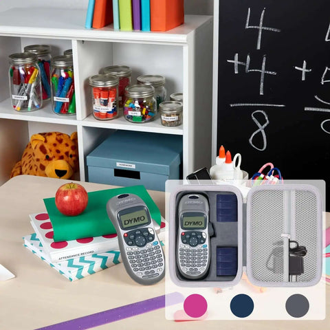 Rugged Hard Shell Case for DYMO LetraTag LT-100H and LT-100H Plus Label Maker on desk with school supplies and apple.