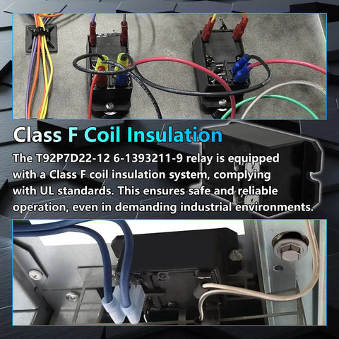 Wired installation of Beefy 12V DC 30A General-Purpose Relay for PCB or panel mount showcasing Class F coil insulation and wiring details.