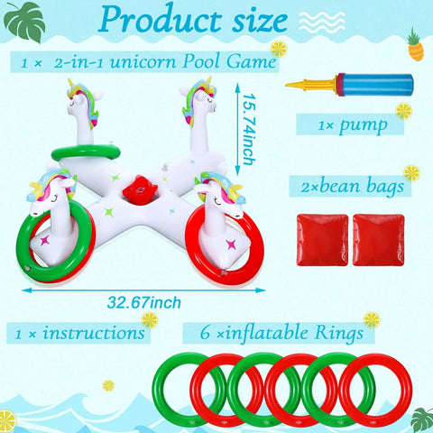 Unicorn Inflatable Pool Ring Toss Set With Six Rings Two Bean Bags And Pump Two In One Floating Pool Fun Game For Adults And Family