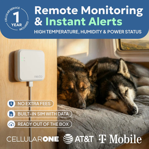 RV Pet Temperature Monitor With Cellular Coverage No WiFi Needed Remote Power Outage And Temp Sensor With App Alerts For Home Safety And Server Room Monitoring Includes 1 Year Subscription on wall beside resting dogs