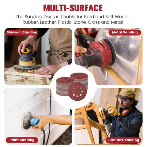 Cool 160 Pc Set Of 5 Inch Sanding Discs With Eight Holes And Hook Loop Backing For Random Orbital Sanders in multi-surface use.