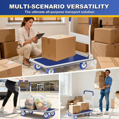 Foldable Push Cart Dolly With 330 Lbs Capacity transporting boxes and groceries, versatile use at home and jobsite.