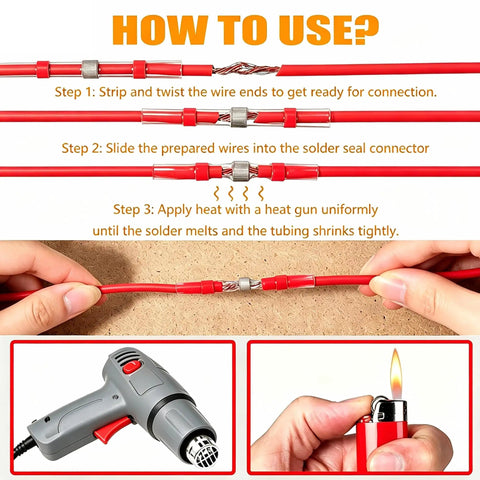Step-by-step guide on using Heavy Duty 100 Piece Pack Of Red Solder Seal Wire Connectors For 22 18 AWG Cables.