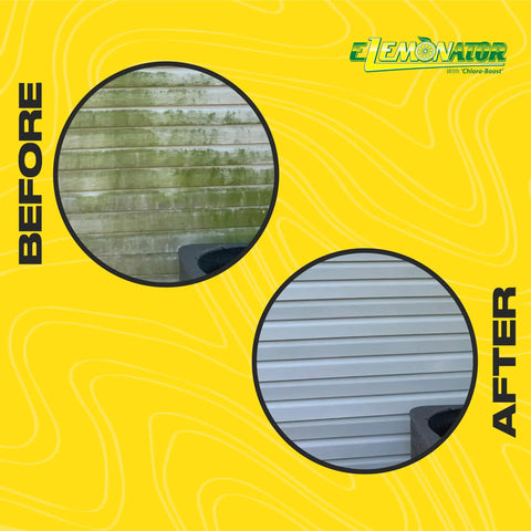 Before and after results of Top Shelf House Wash Surfactant For Exterior Siding And Roof Cleaning With Stable Bleach Additive Mix.
