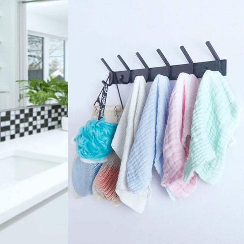 Heavy Duty Wall Mounted Coat Rack With Six Double Hooks Sturdy Metal Rail For Coats Purses Jackets And Backpacks Entryway Organizer In Black 17.1 Inch Long mounted on wall with towels hanging