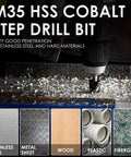 M35 HSS cobalt step drill bit drilling stainless steel and materials. Workhorse Four Flute Step Drill Bit Set by Matework M35.