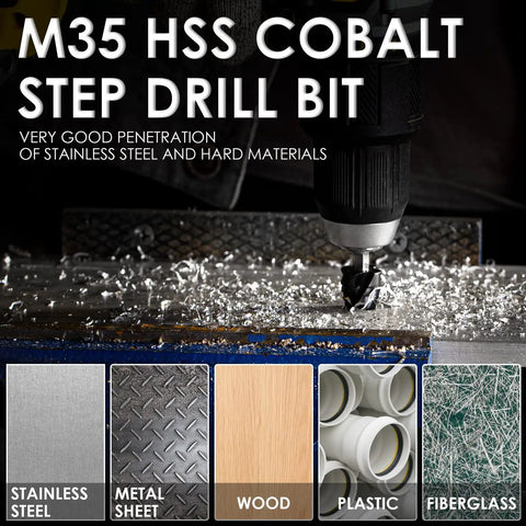 M35 HSS cobalt step drill bit drilling stainless steel and materials. Workhorse Four Flute Step Drill Bit Set by Matework M35.