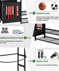 All In One Sports Gear Organizer For Home Garage Club And Basement With Dual Golf Bag Storage Rack, includes shelves and elastic cord.