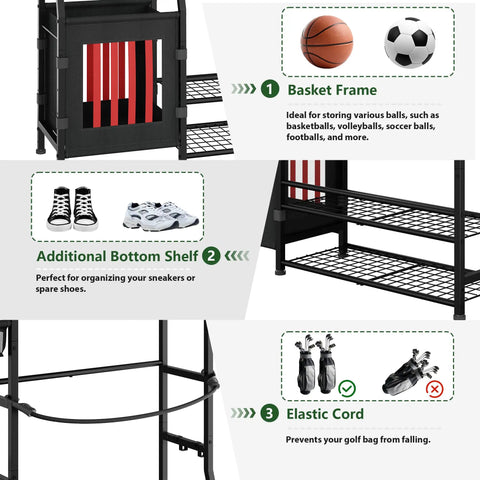 All In One Sports Gear Organizer For Home Garage Club And Basement With Dual Golf Bag Storage Rack, includes shelves and elastic cord.