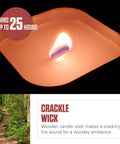 Pine Scent Citronella Candle with Wooden Crackle Wick burning with flame, 6 ounce tin for outdoor ambiance.