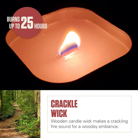 Pine Scent Citronella Candle with Wooden Crackle Wick burning with flame, 6 ounce tin for outdoor ambiance.