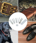 All In One Craft Tool Die Punch Snap Kit Rivet Setter With Base For DIY Projects shown with leather belt, shoes, and cover.