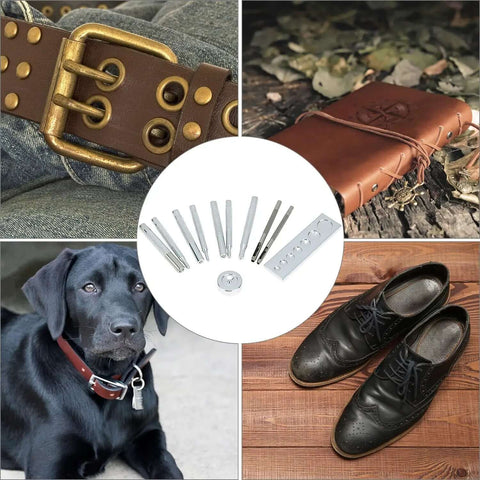 All In One Craft Tool Die Punch Snap Kit Rivet Setter With Base For DIY Projects shown with leather belt, shoes, and cover.