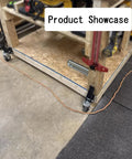 Heavy Duty Retractable Casters With Foot Tap Release, Smooth Polyurethane Wheels For Moving Workbenches And Gear, Solid Steel Base Handles Massive Loads Without Breaking A Sweat, Complete Four Piece Set installed on a workbench.