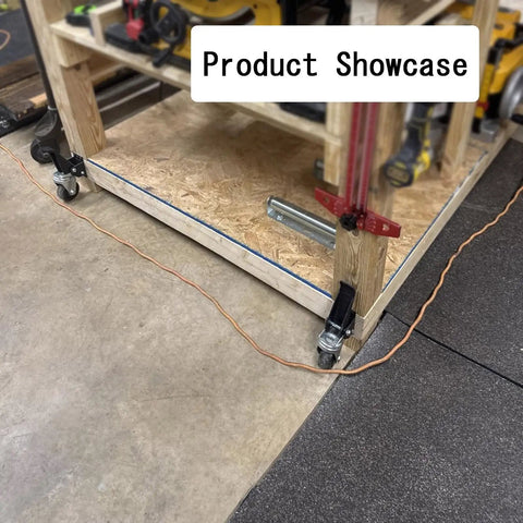Heavy Duty Retractable Casters With Foot Tap Release, Smooth Polyurethane Wheels For Moving Workbenches And Gear, Solid Steel Base Handles Massive Loads Without Breaking A Sweat, Complete Four Piece Set installed on a workbench.