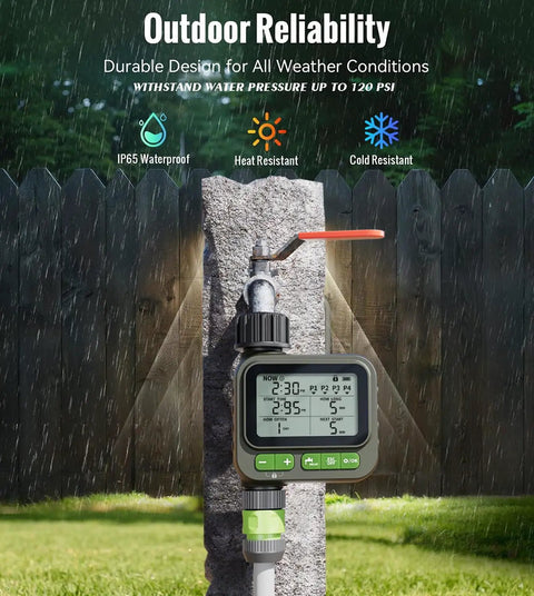Four Zone Smart Sprinkler Timer With IP65 Waterproof Hose Timer installed on outdoor wall showing LCD display