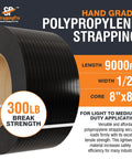 Heavy Duty Polypropylene Strapping Roll Half Inch Wide Three Hundred Pound Breaking Strength Embossed Plastic Banding for warehouse use.