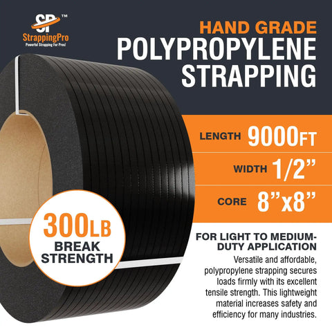 Heavy Duty Polypropylene Strapping Roll Half Inch Wide Three Hundred Pound Breaking Strength Embossed Plastic Banding for warehouse use.