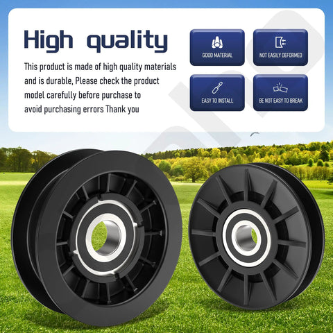 Beefed Up V Idler And Flat Pulley Drive Belt Kit for John Deere Lawn Tractors showing high-quality idler pulleys.