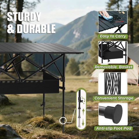 Portable Folding Camping Table With Carry Bag And Detachable Storage Pockets, lightweight roll up, adjustable, on grass.