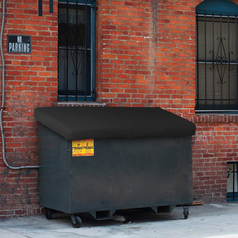 Heavy Duty Dumpster Cover Waterproof 12 Oz Material With No Fuss Elastic Corner Edges Keeps Trash Can Top Safe From Rain Snow Sun And Dirt Dimensions 48 By 36 By 6 Inches 100 Percent Weather Resistant Patio Cover With Logo Customization on dumpster next to brick wall.