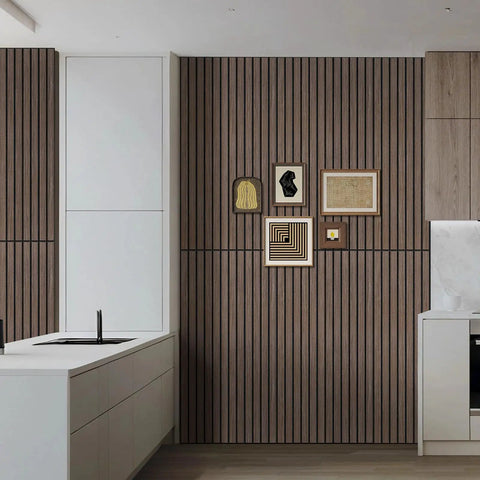 6 Pack Acoustic Wall Panels Deep Walnut Sound Proof Panels To Mute Room Noise And Boost Studio Vibes Flexible Wood Look Surface in modern kitchen.