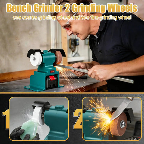 Hella Solid Mini Bench Grinder Featuring Dual Grind Wheels And A Heavy Duty Pure Copper Motor Spinning At 6000 Rpm for metal polishing and rust removal.