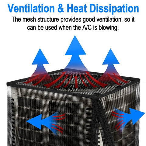 All Seasons Outdoor AC Unit Cover With Detachable Waterproof Top, No Fuss Full Mesh Breathable Design with ventilation arrows