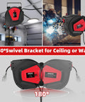 180° swivel mount retractable extension cord reel in garage and workshop, focuses on Retractable Extension Cord Reel 50 Feet 14 AWG 3 Conductor Power Cord For Garage And Workshop Wall Or Ceiling Mount Three Outlets Auto Retract With Slow Wind Built In Guide To Prevent Tangles UL Listed 13A Circuit Breaker.