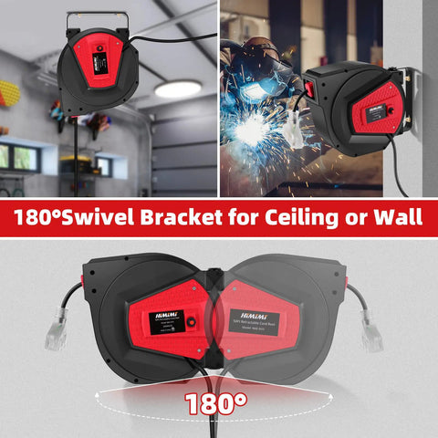 180° swivel mount retractable extension cord reel in garage and workshop, focuses on Retractable Extension Cord Reel 50 Feet 14 AWG 3 Conductor Power Cord For Garage And Workshop Wall Or Ceiling Mount Three Outlets Auto Retract With Slow Wind Built In Guide To Prevent Tangles UL Listed 13A Circuit Breaker.